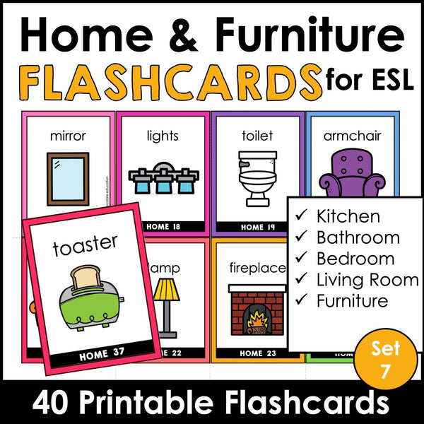 House & Furniture Vocabulary Flashcards for ESL- Kitchen, Bath, Home - Hot Chocolate Teachables