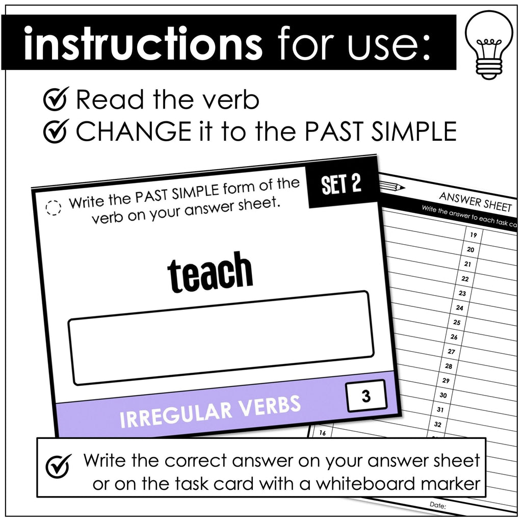 Irregular Past Tense Verb Task Cards | Spelling Practice: Present to Past Simple - Hot Chocolate Teachables