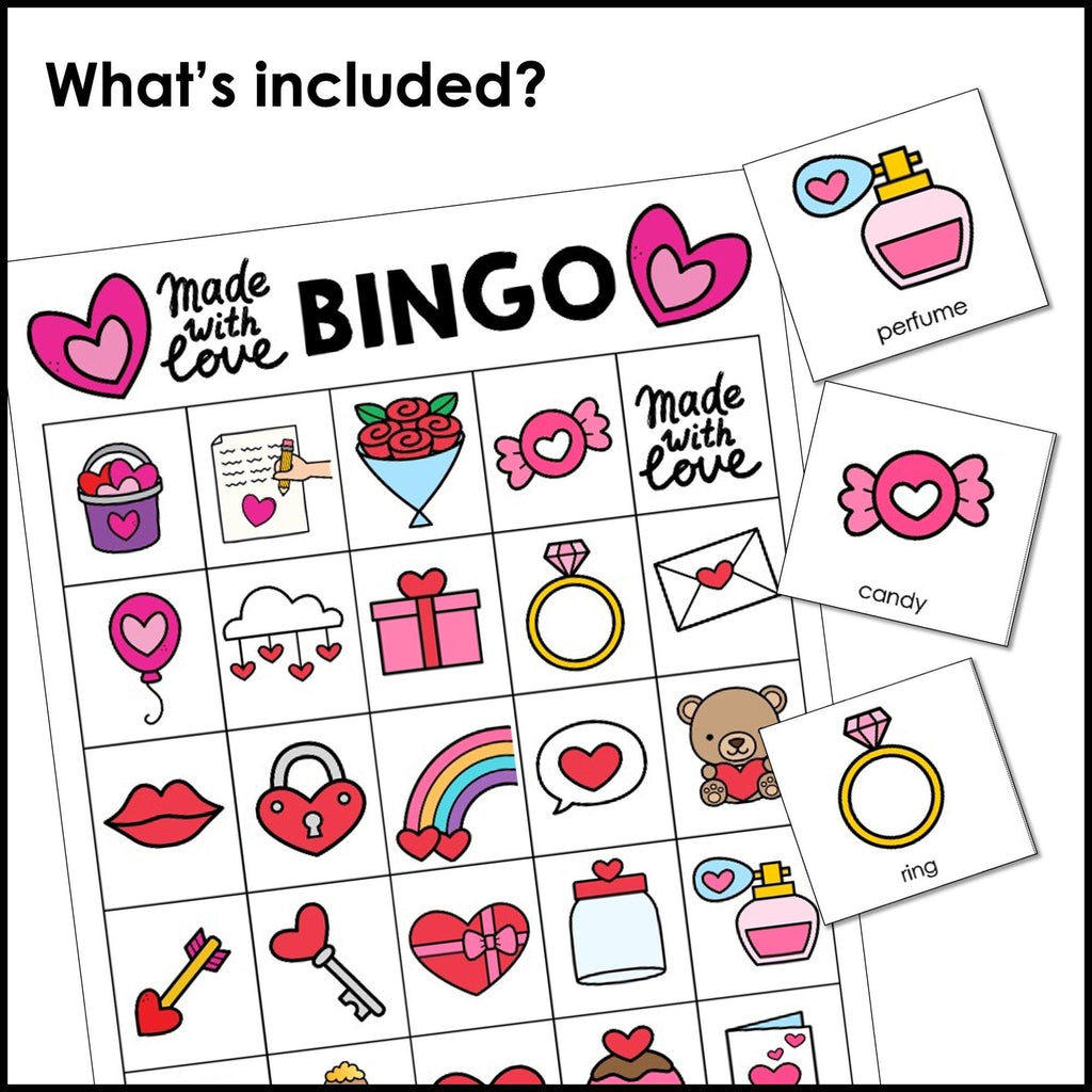 Made with love Valentine's Day Bingo Game - Vocabulary Building February Bingo Cards - Hot Chocolate Teachables