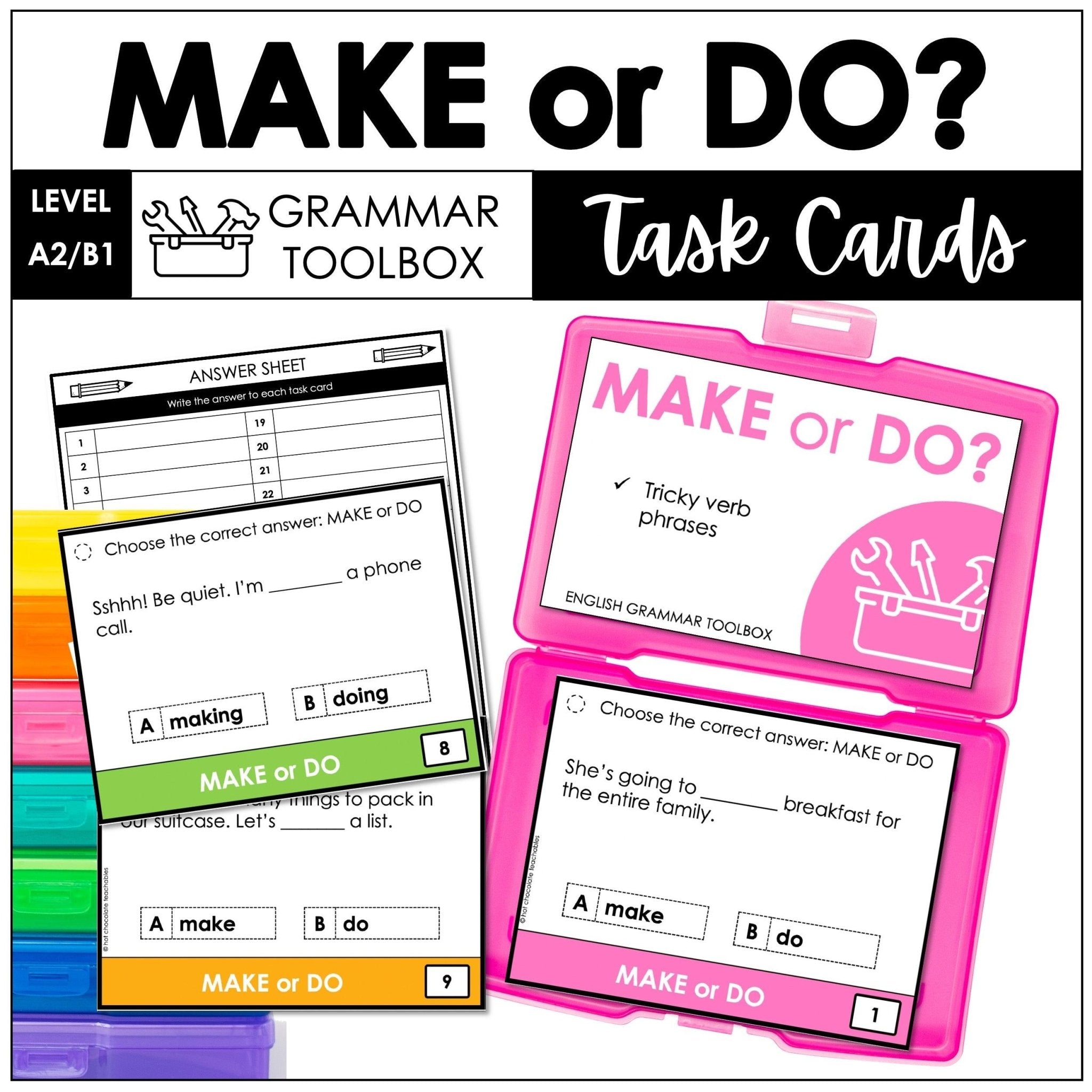 Make or Do? Task Cards | Using the correct verb with an object or activity - Hot Chocolate Teachables
