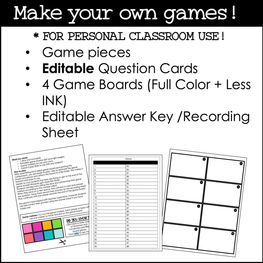 Make your own Board Games: Templates with Editable Cards | Use with any subject - Hot Chocolate Teachables