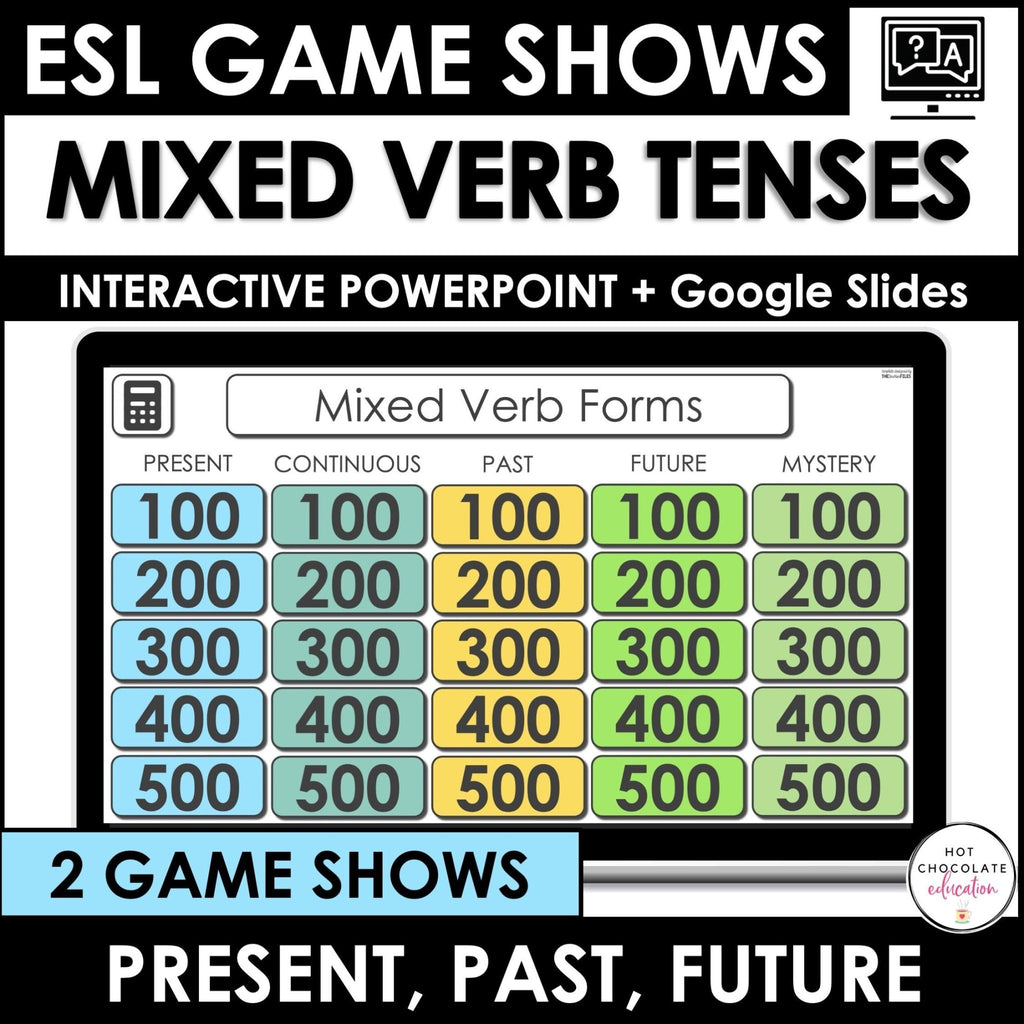 Mixed Verb Tenses : Present, Continuous, Past & Future | Interactive Game Show - Hot Chocolate Teachables