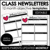 Monthly Parent Newsletter Templates - Editable ESL EFL ELL Classroom Objectives - Hot Chocolate Teachables