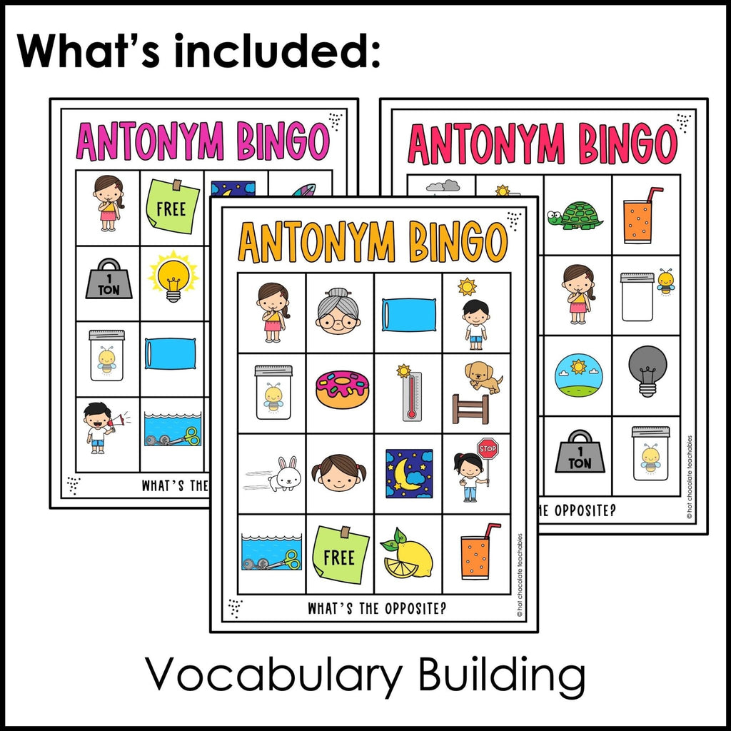 Opposite Words Printable Bingo Game - Antonyms - Hot Chocolate Teachables