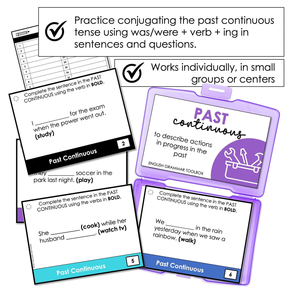 Past Continuous Verb Tense Grammar Task Cards for ESL - Past Actions - Hot Chocolate Teachables