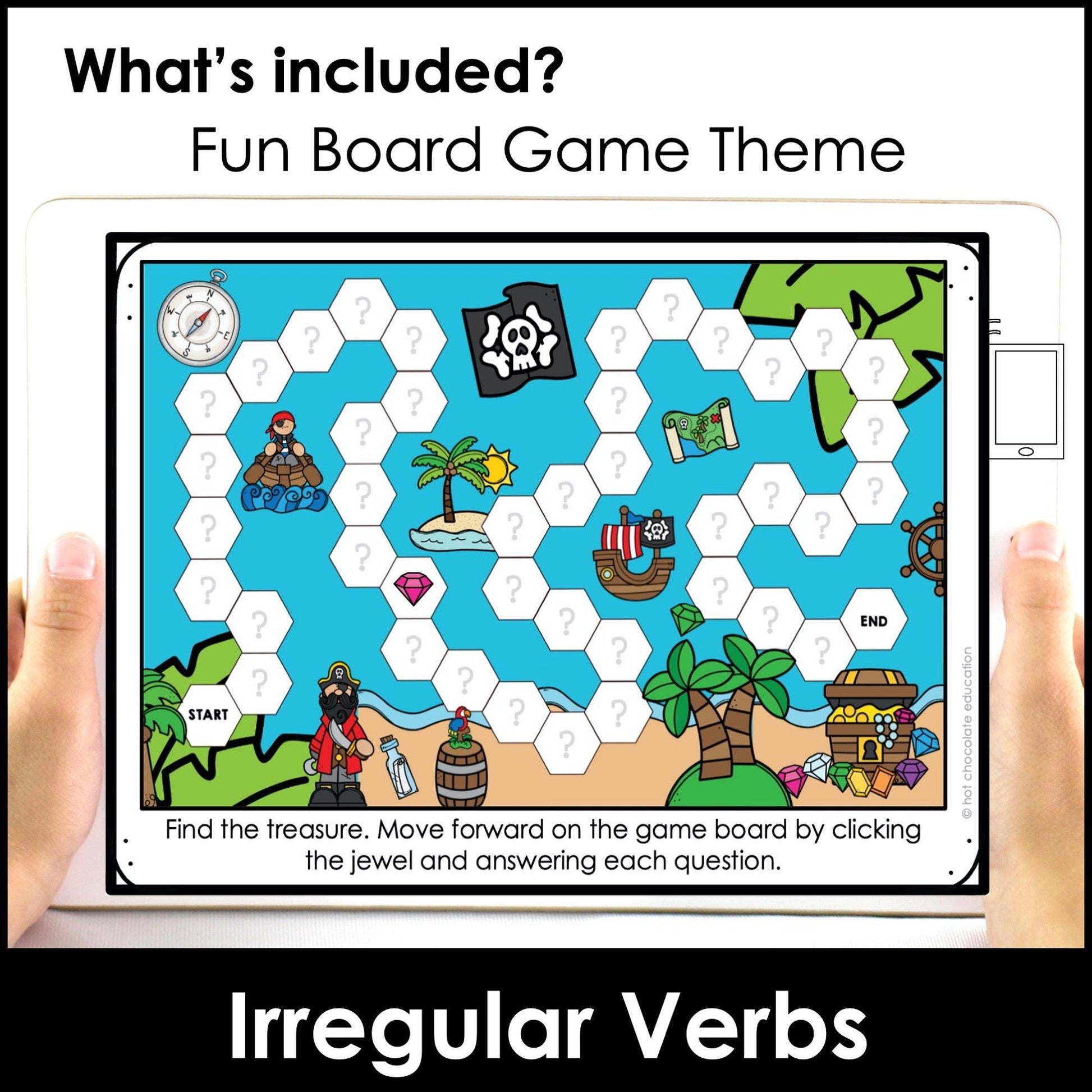 Past Tense Irregular Verbs - Verb Boom Cards | Find the Treasure Board Game - Hot Chocolate Teachables
