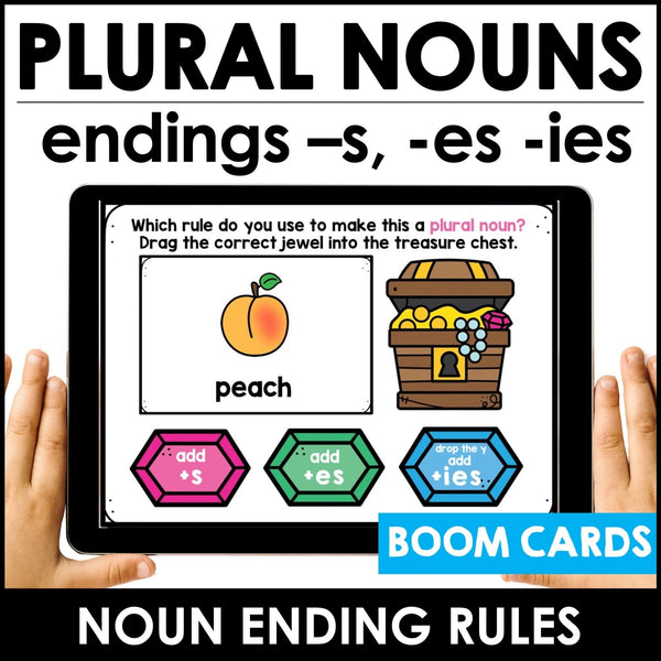 Plural Noun Rules BOOM CARDS™ - for Regular nouns -s, -es, -ies endings - Hot Chocolate Teachables