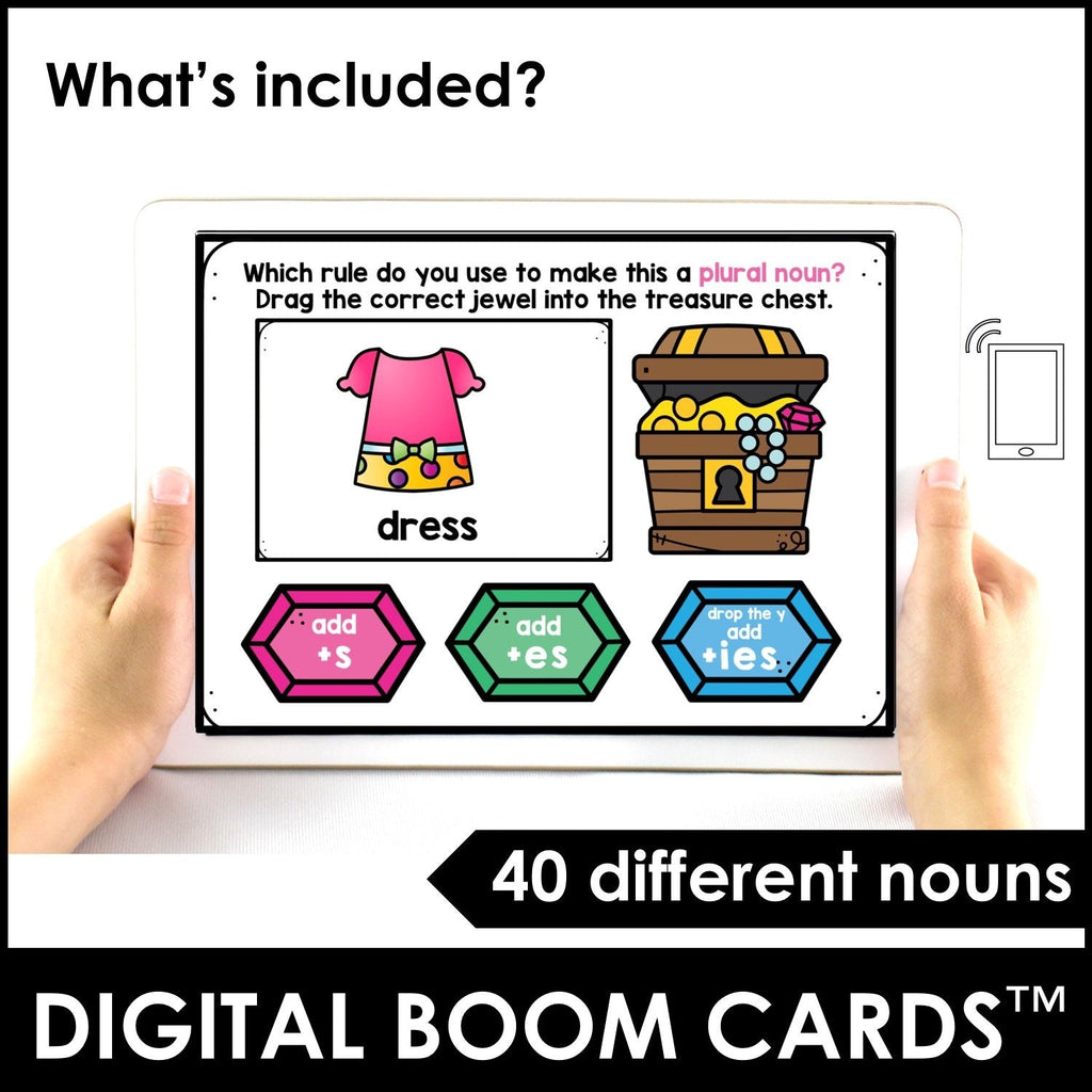 Plural Noun Rules BOOM CARDS™ - for Regular nouns -s, -es, -ies endings - Hot Chocolate Teachables