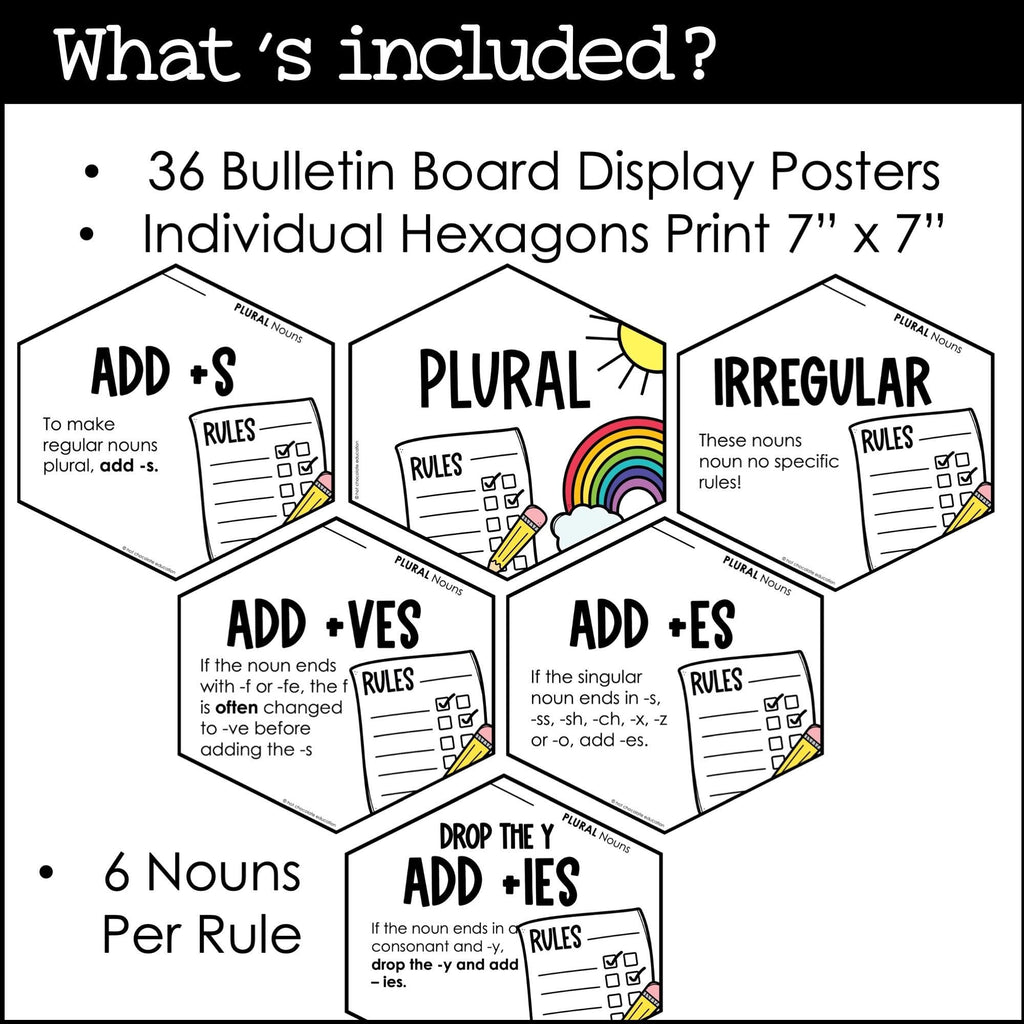 Plural Noun Spelling Rules Posters -Bulletin Board - s, es, ies, ves & Irregular - Hot Chocolate Teachables