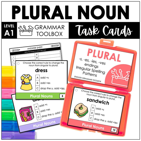 Plural Noun Spelling Rules Task Cards - Add +s +es +ies +ves GRAMMAR TOOLBOX - Hot Chocolate Teachables