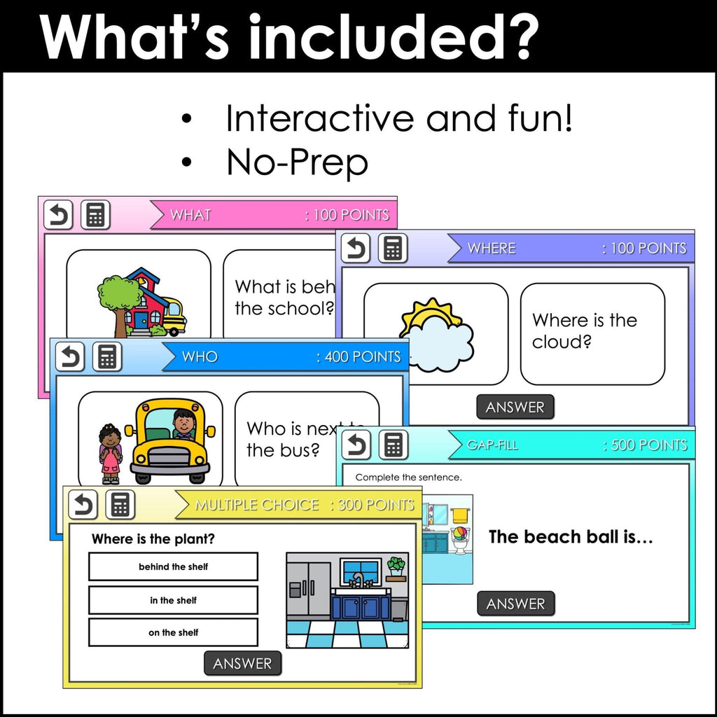 Prepositions of Place Game Show - in, on, under, in front of, behind, next to - Hot Chocolate Teachables