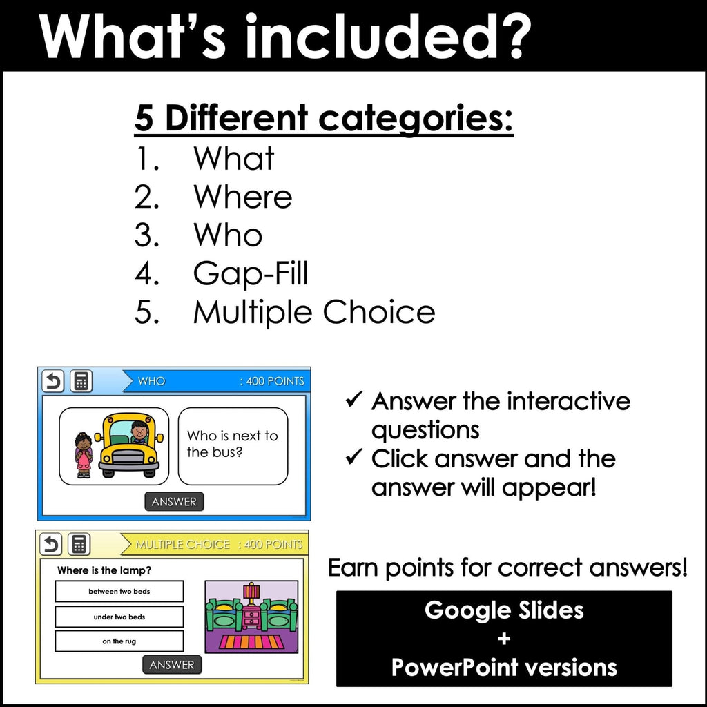 Prepositions of Place Game Show - in, on, under, in front of, behind, next to - Hot Chocolate Teachables