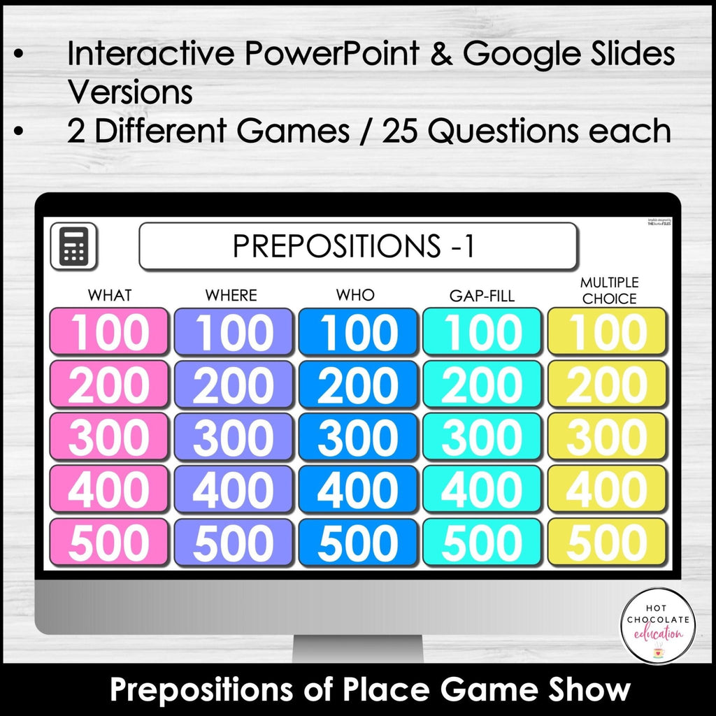 Prepositions of Place Game Show - in, on, under, in front of, behind, next to - Hot Chocolate Teachables