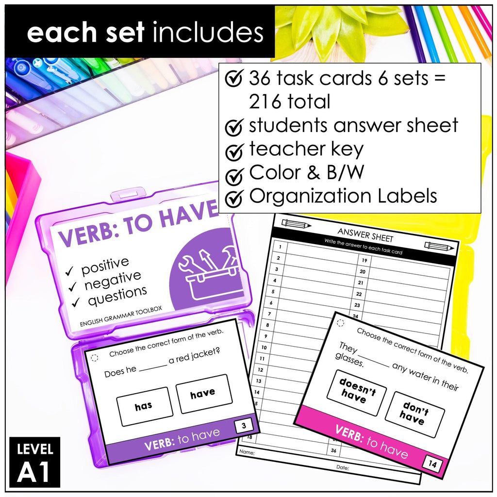 Present Tense Grammar Task Cards Bundle - Simple & Continuous for ESL EFL ELA - Hot Chocolate Teachables