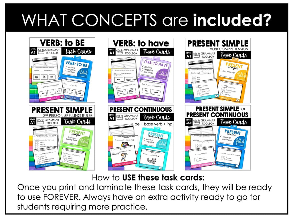 Present Tense Grammar Task Cards Bundle - Simple & Continuous for ESL EFL ELA - Hot Chocolate Teachables