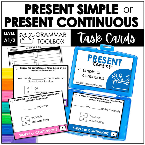 Present Tense - Simple or Continuous Task Cards : Choose the verb tense - Hot Chocolate Teachables