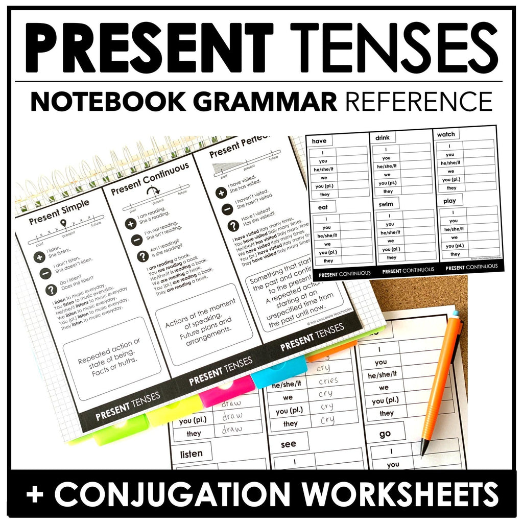 Present Tense Verb Notebook Reference + Verb Conjugation Worksheets - Hot Chocolate Teachables