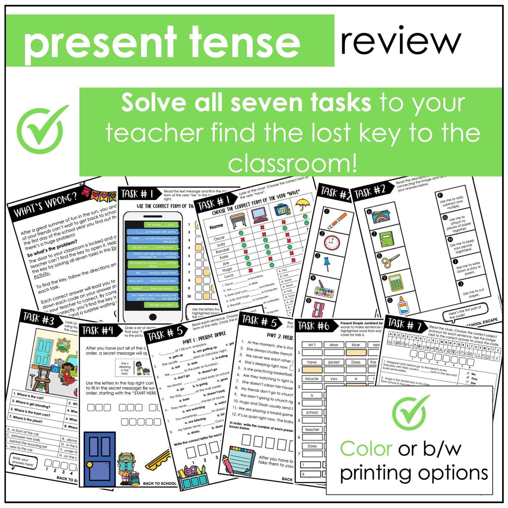 Present Tenses Grammar Review - Escape Room Activity | ELL /EFL / ESL - Hot Chocolate Teachables