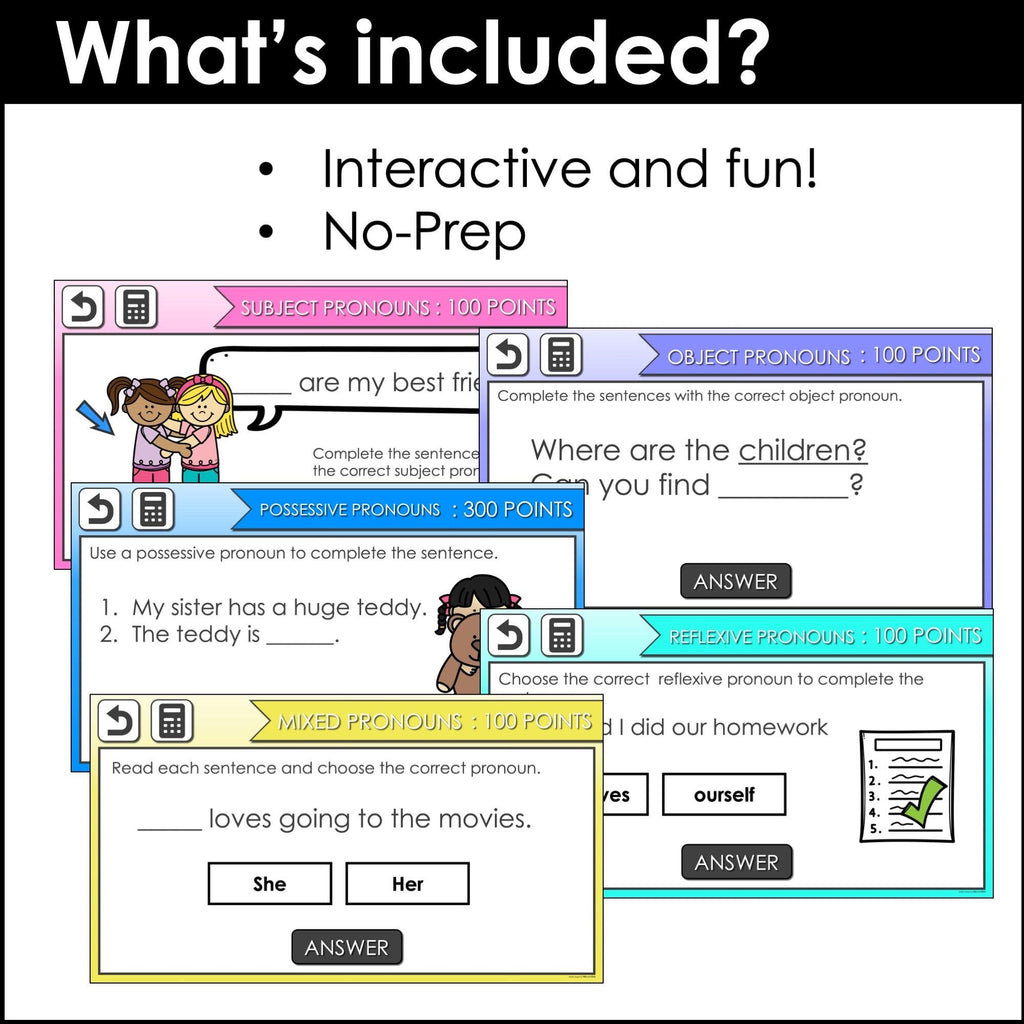 Pronoun Review Game Show - Subject, Object, Possessive, Reflexive - Hot Chocolate Teachables