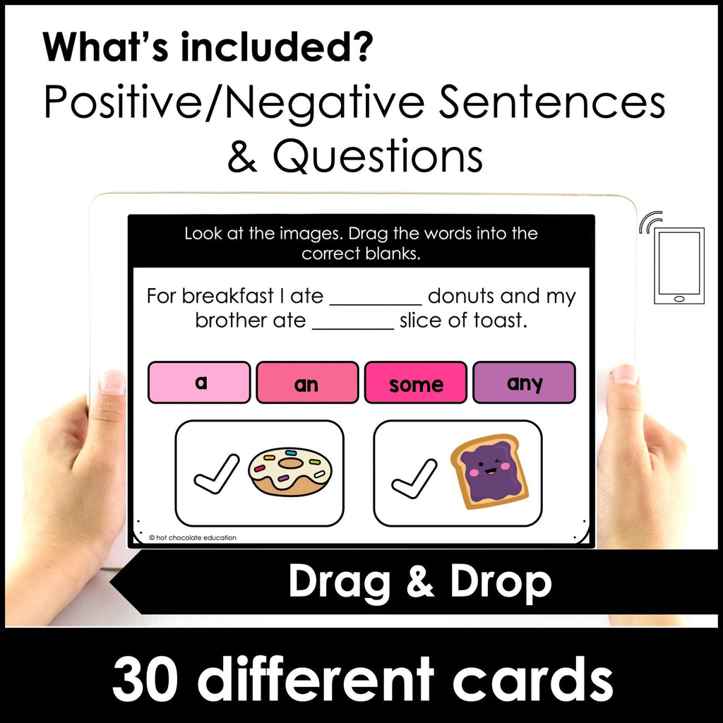 Quantifiers: A, An, Some, Any - Countable and Uncountable Nouns | Boom cards™ - Hot Chocolate Teachables