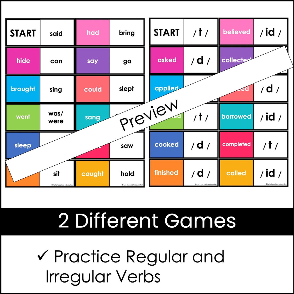 Regular and Irregular Past Tense Verb Dominoes - Ending Pronunciations -t -d -id - Hot Chocolate Teachables