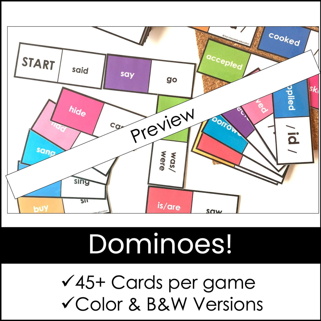 Regular and Irregular Past Tense Verb Dominoes - Ending Pronunciations -t -d -id - Hot Chocolate Teachables