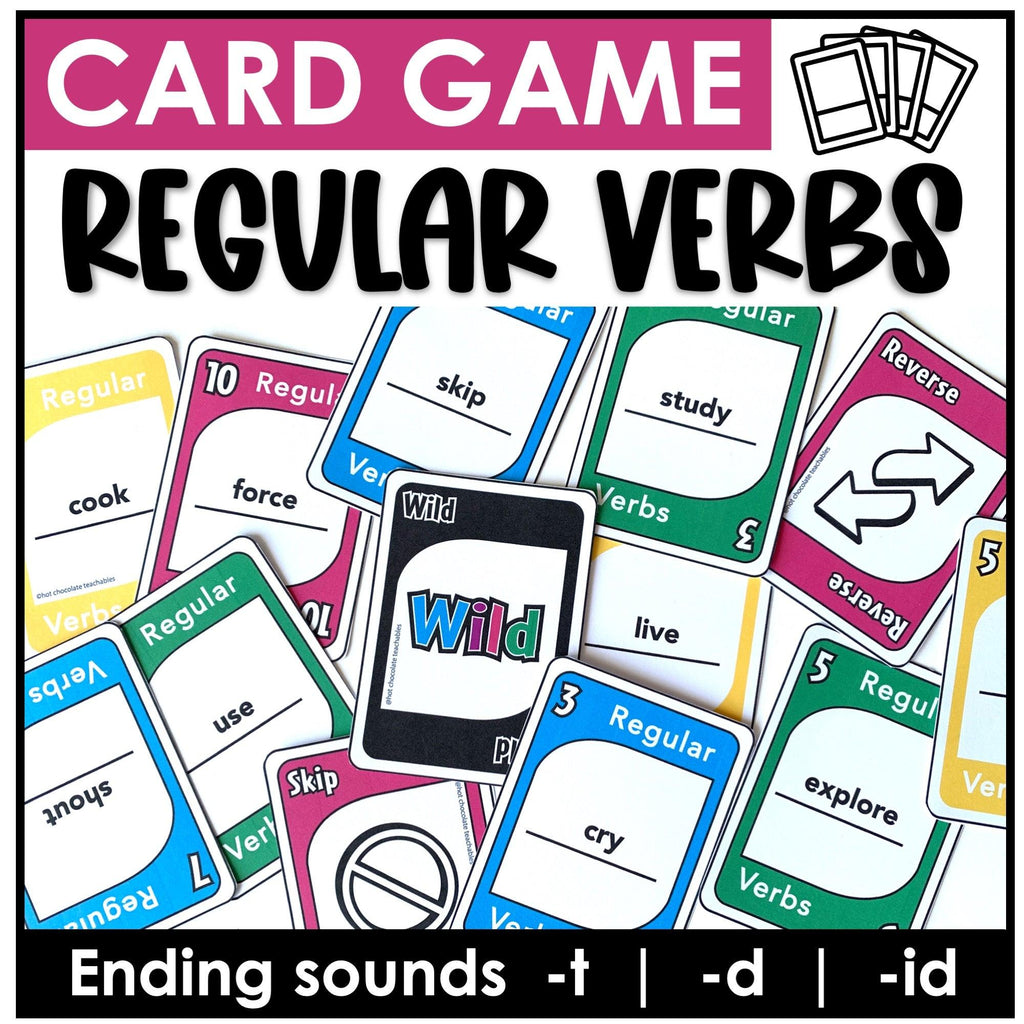 Regular Past Tense Verb Card Game - Ending Pronunciations -t -d -id - Hot Chocolate Teachables