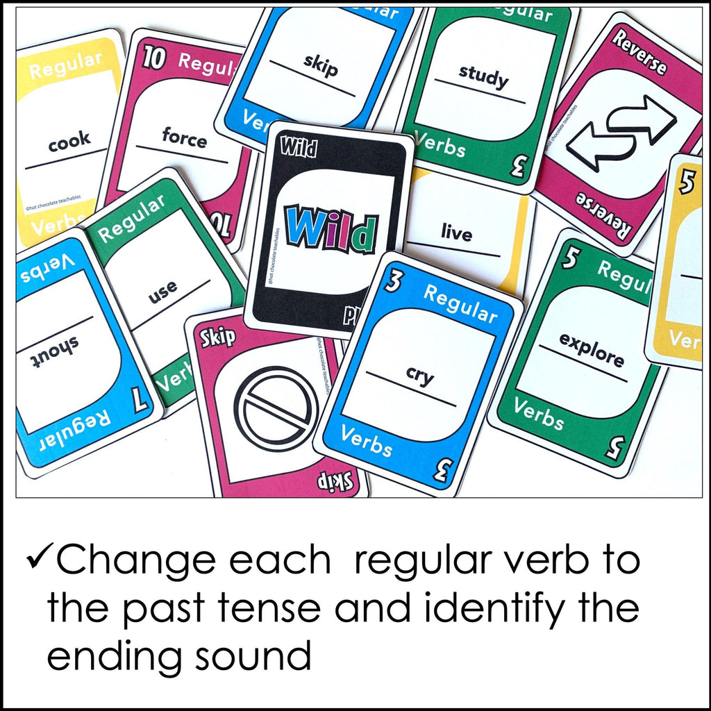 Regular Past Tense Verb Card Game - Ending Pronunciations -t -d -id - Hot Chocolate Teachables