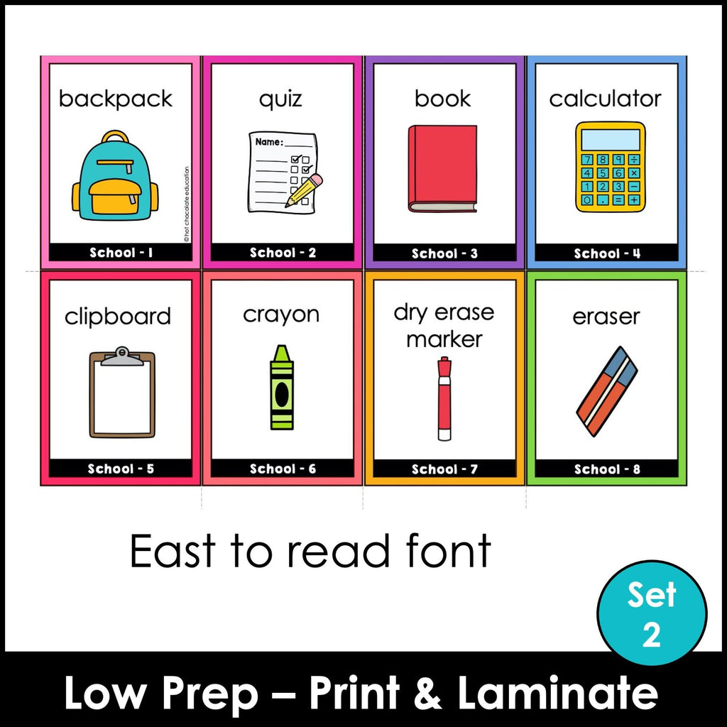 School Supplies & Classroom Vocabulary ESL Flashcards - Hot Chocolate Teachables