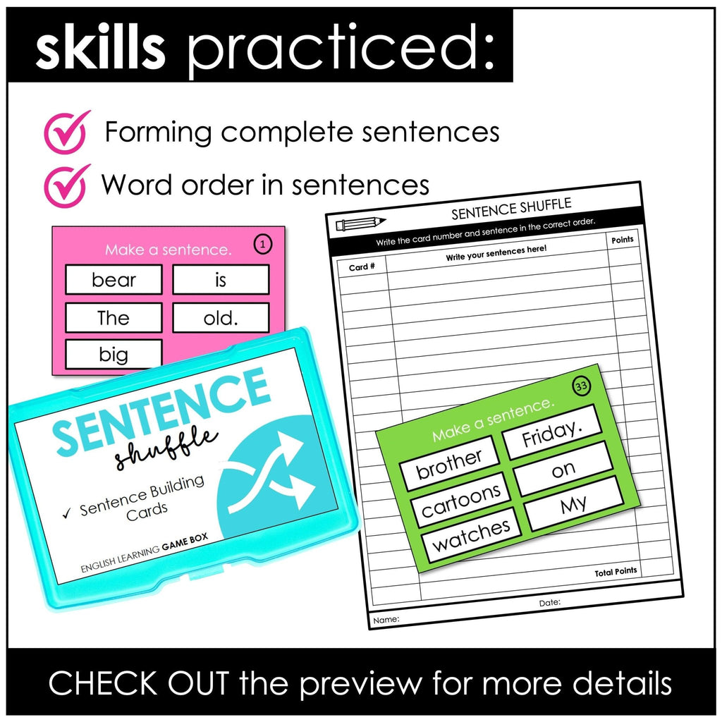 Sentence Building Activity Cards - Present Simple Build-A-Sentence Game - Hot Chocolate Teachables