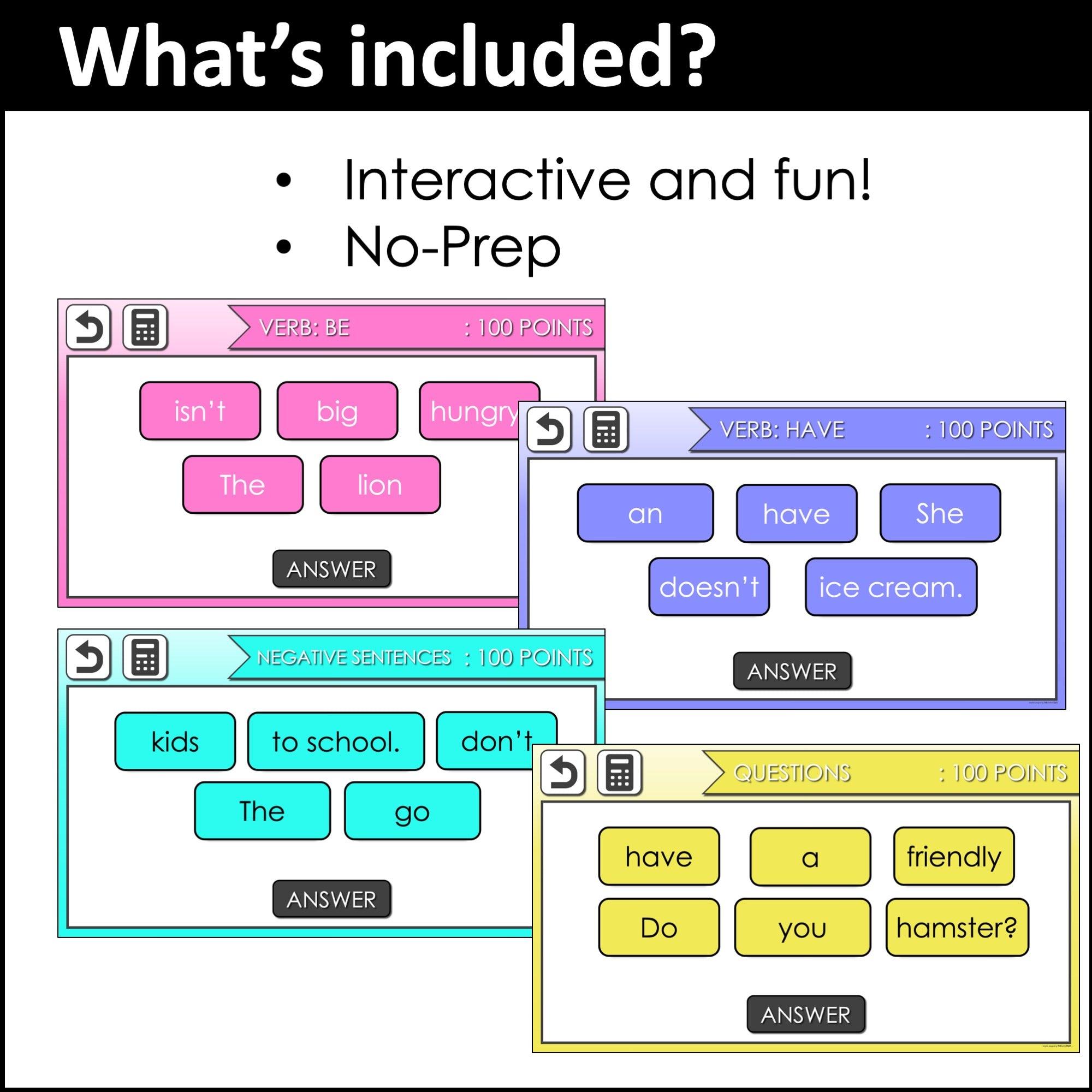 Mixed Up Sentences Game Show - Present Simple Word Order in Sentences & Questions - Hot Chocolate Teachables