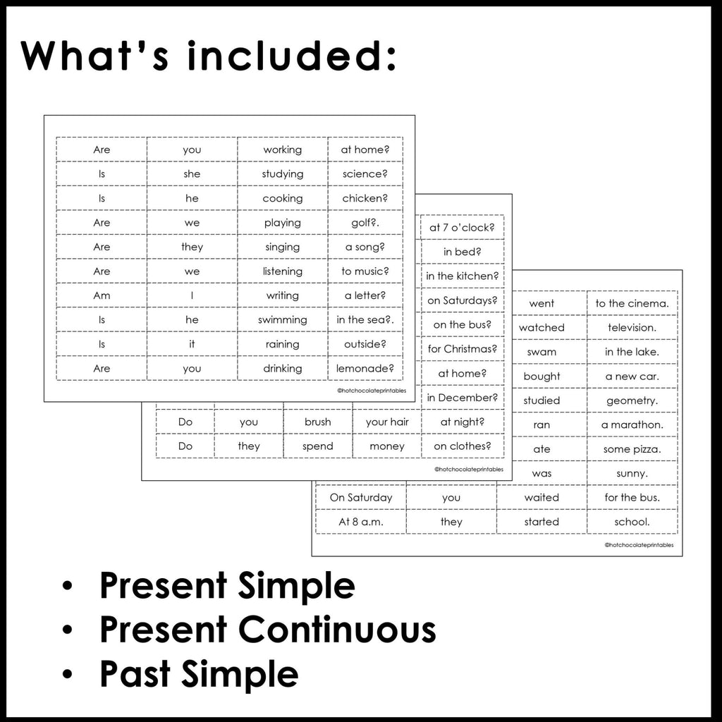 Sentence Building: Mixed Up Sentences Activity | Present & Past Tense - Hot Chocolate Teachables