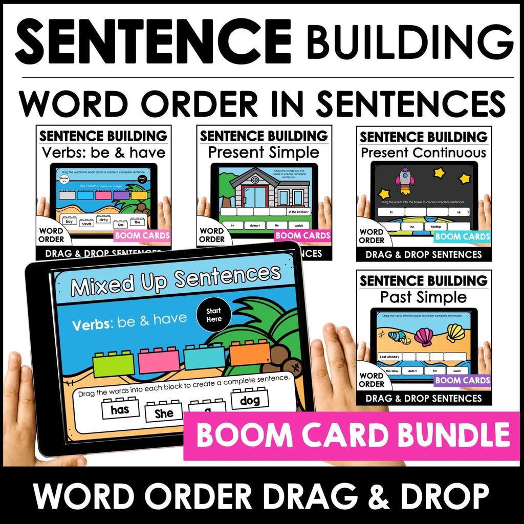 Sentence Building Present Simple, Past Simple & Present Continuous Boom Cards - Hot Chocolate Teachables