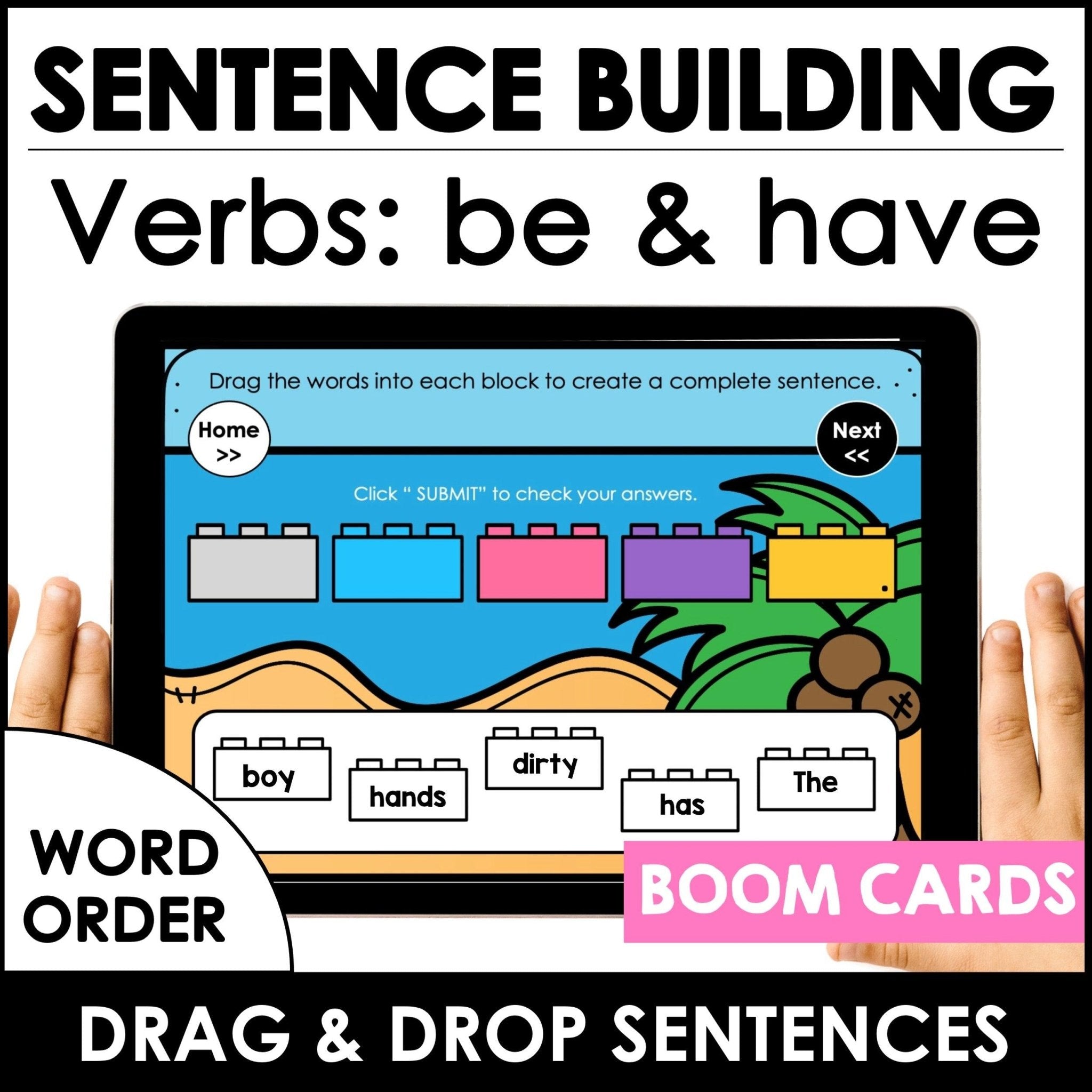 Sentence Building - Present Simple Verbs - Word Order in Sentences Boom Cards™ - Hot Chocolate Teachables