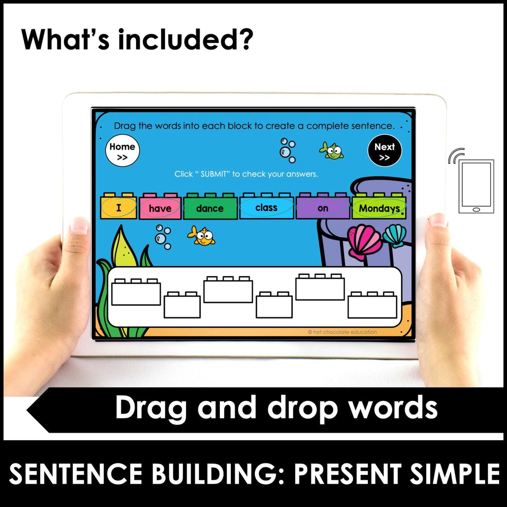 Sentence Building: Present Tense Verbs: Sentences & Questions - BOOM CARDS™ - Hot Chocolate Teachables