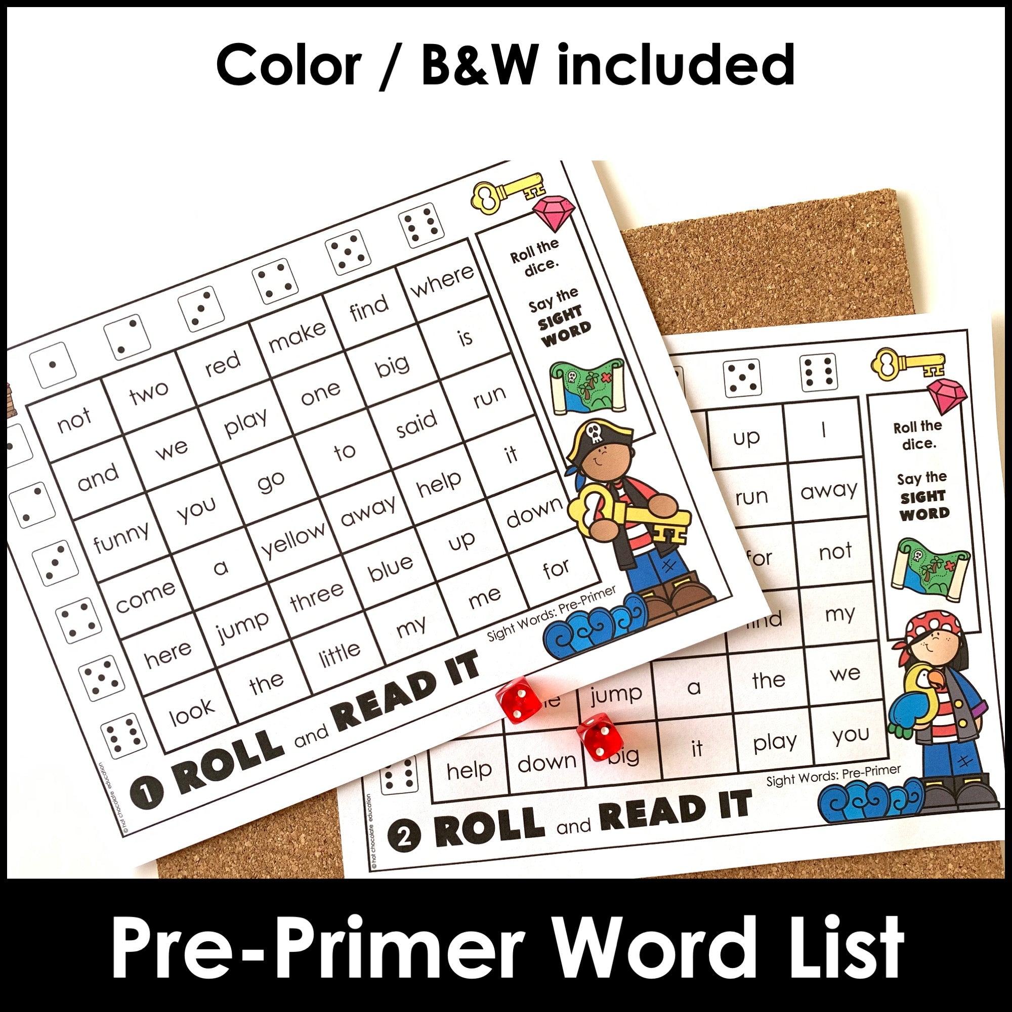 Sight Words Roll & Read Activity Boards - Dolch Pre Primer List - Hot Chocolate Teachables
