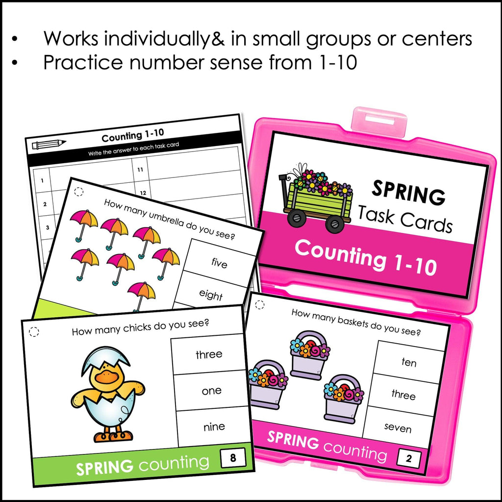 Spring Counting Number Activity Number Practice Task Cards 1 to 10 - Clip Cards - Hot Chocolate Teachables