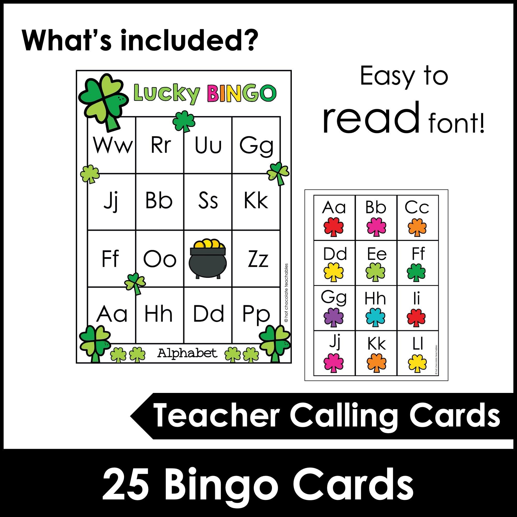 St. Patrick's Day Alphabet Bingo Game for March - Uppercase Letters A through Z - Hot Chocolate Teachables