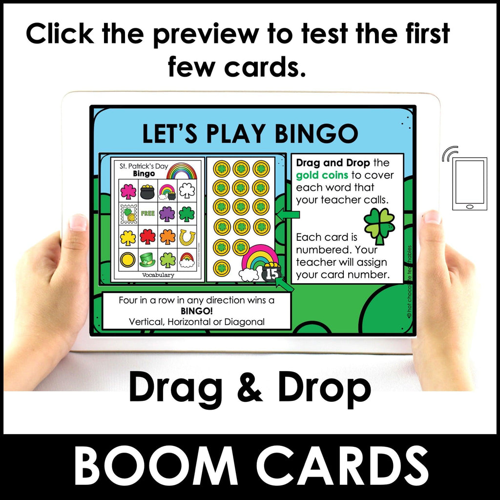 St. Patrick's Day Vocabulary DIGITAL BINGO -Boom Cards™ Preschool - Kindergarten - Hot Chocolate Teachables