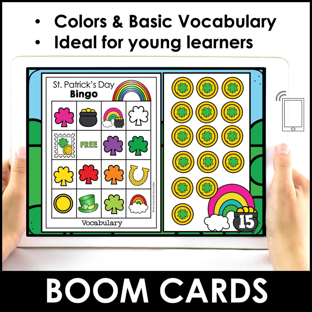 St. Patrick's Day Vocabulary DIGITAL BINGO -Boom Cards™ Preschool - Kindergarten - Hot Chocolate Teachables