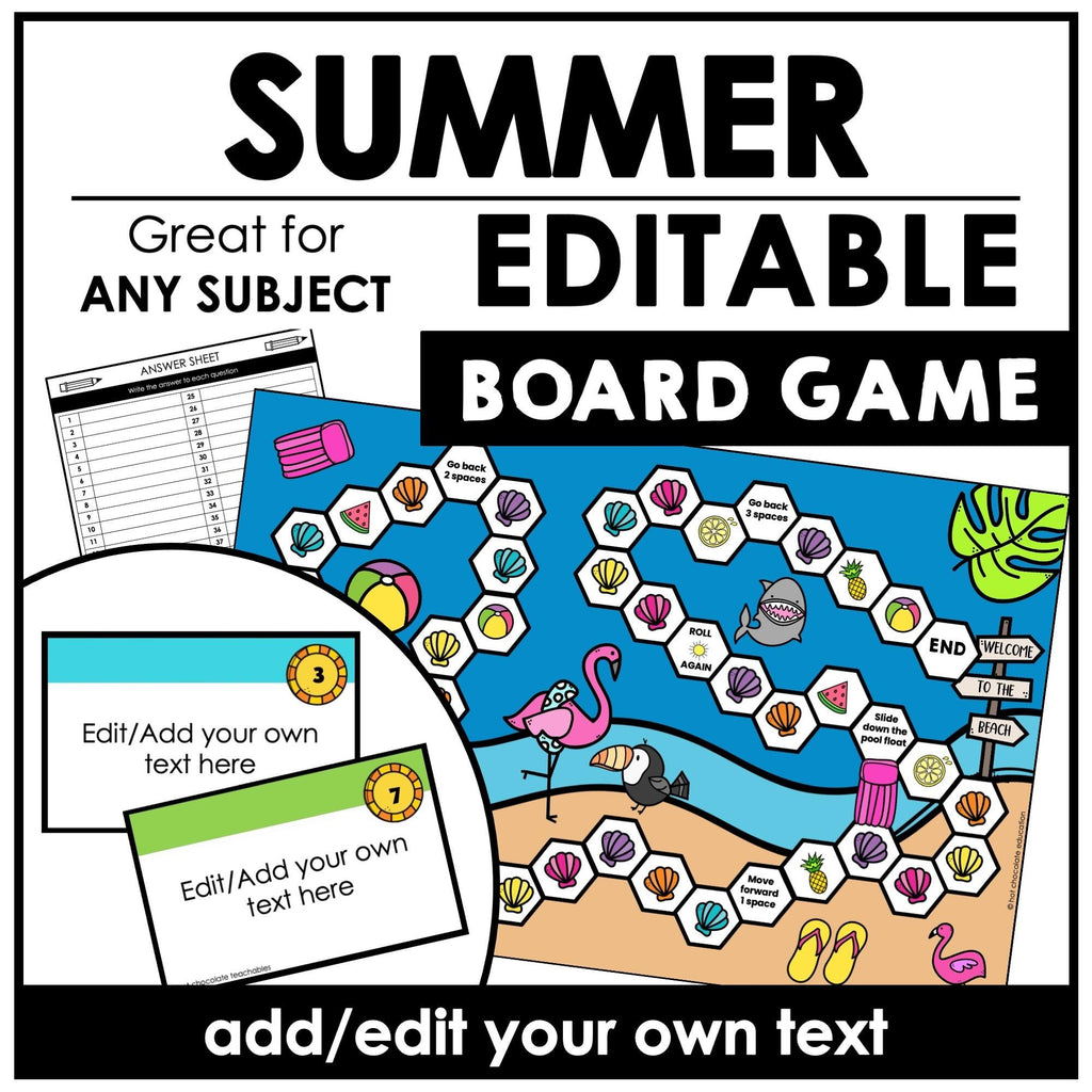 Summer Board Game Template for ANY subject with Editable Game Cards - Hot Chocolate Teachables