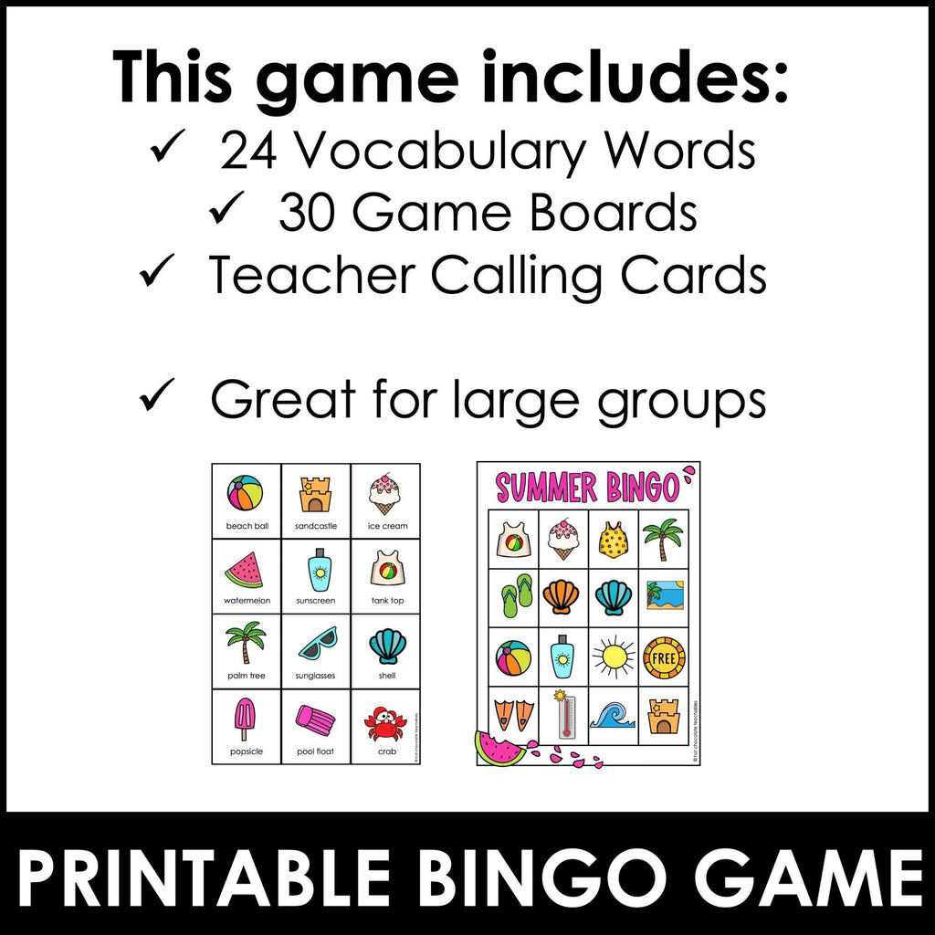 Summer Vacation Bingo Game | ESL Vocabulary Based Activity - Hot Chocolate Teachables