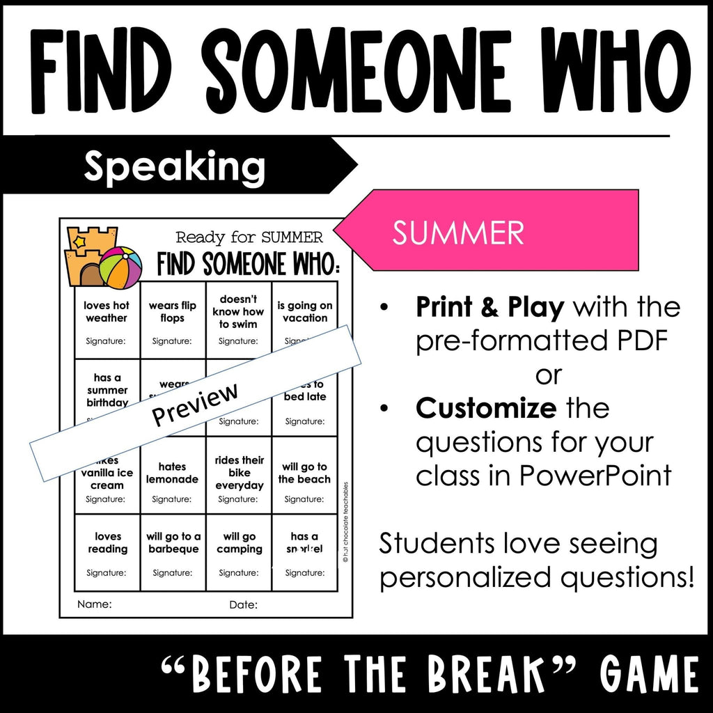 Summer Vacation Find Someone Who - Comprehension & Speaking Activity - Editable - Hot Chocolate Teachables