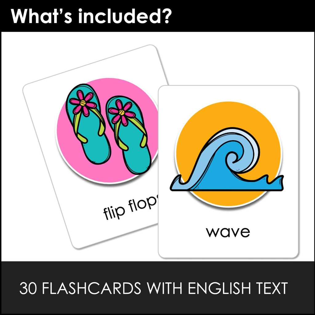 Summer Vocabulary Flashcards with Editable Text - ESL Flashcards for Kids - Hot Chocolate Teachables