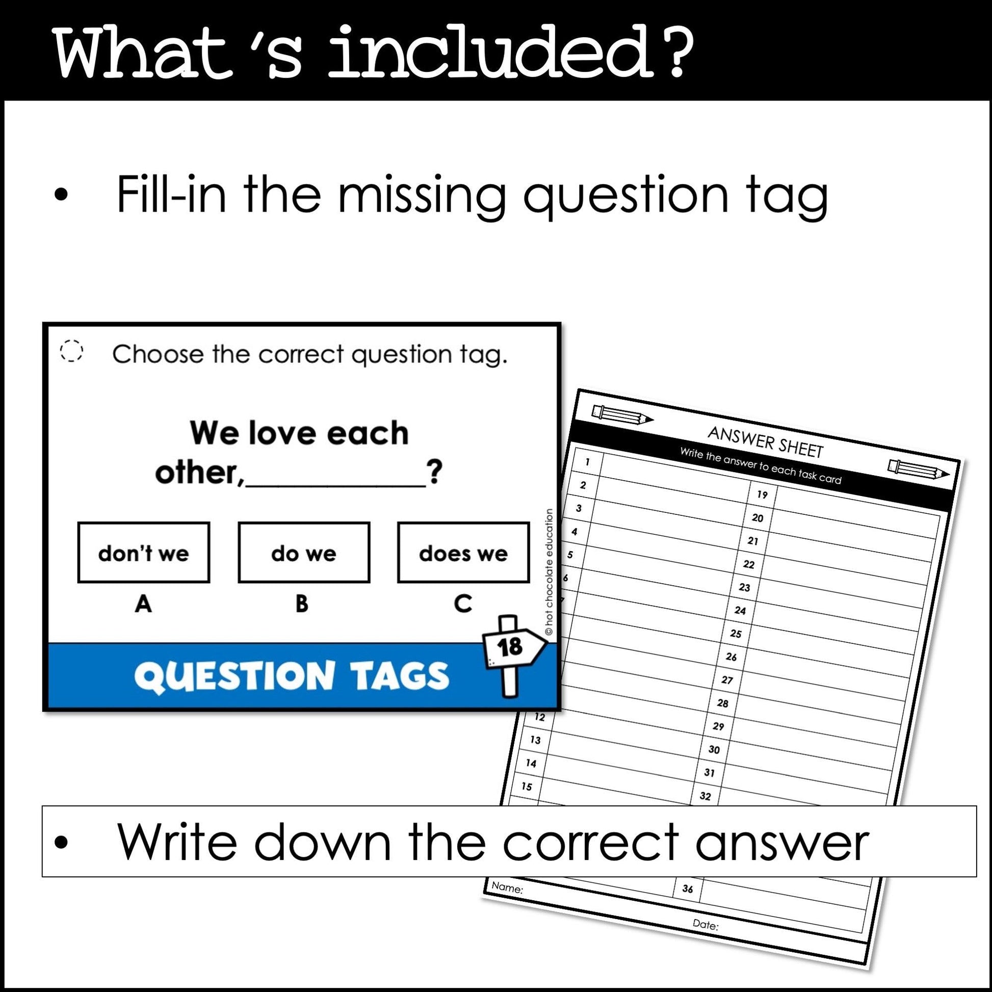 Tag Questions Task Cards - Present, Past & Future Tenses - Hot Chocolate Teachables