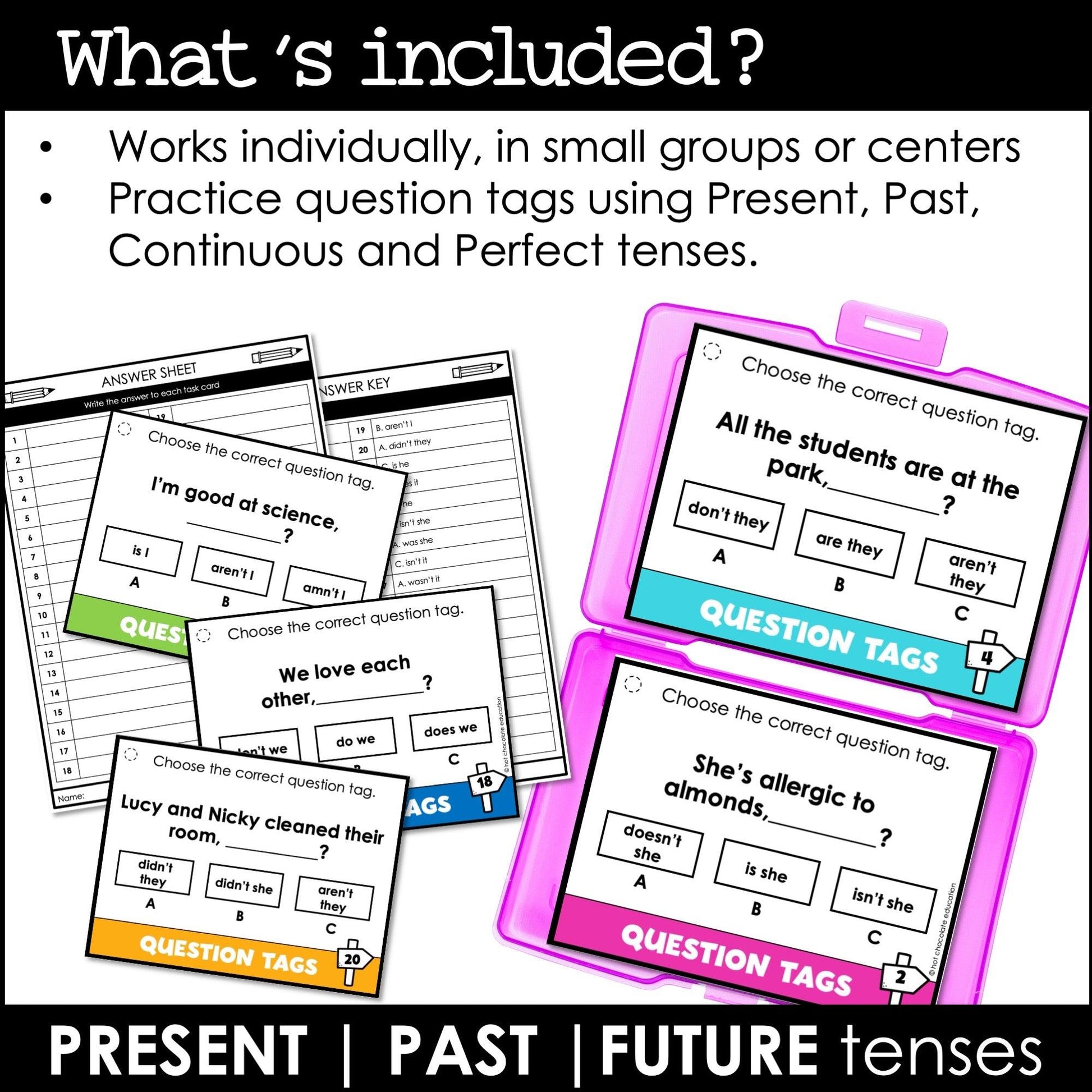 Tag Questions Task Cards - Present, Past & Future Tenses - Hot Chocolate Teachables