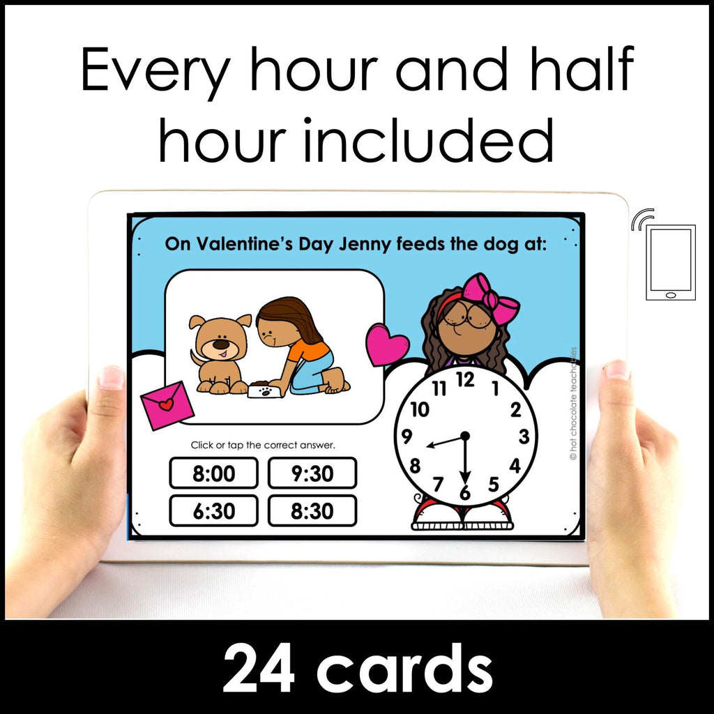 Telling the Time - Boom Cards™ -Valentine's Day to the hour and half hour - Hot Chocolate Teachables