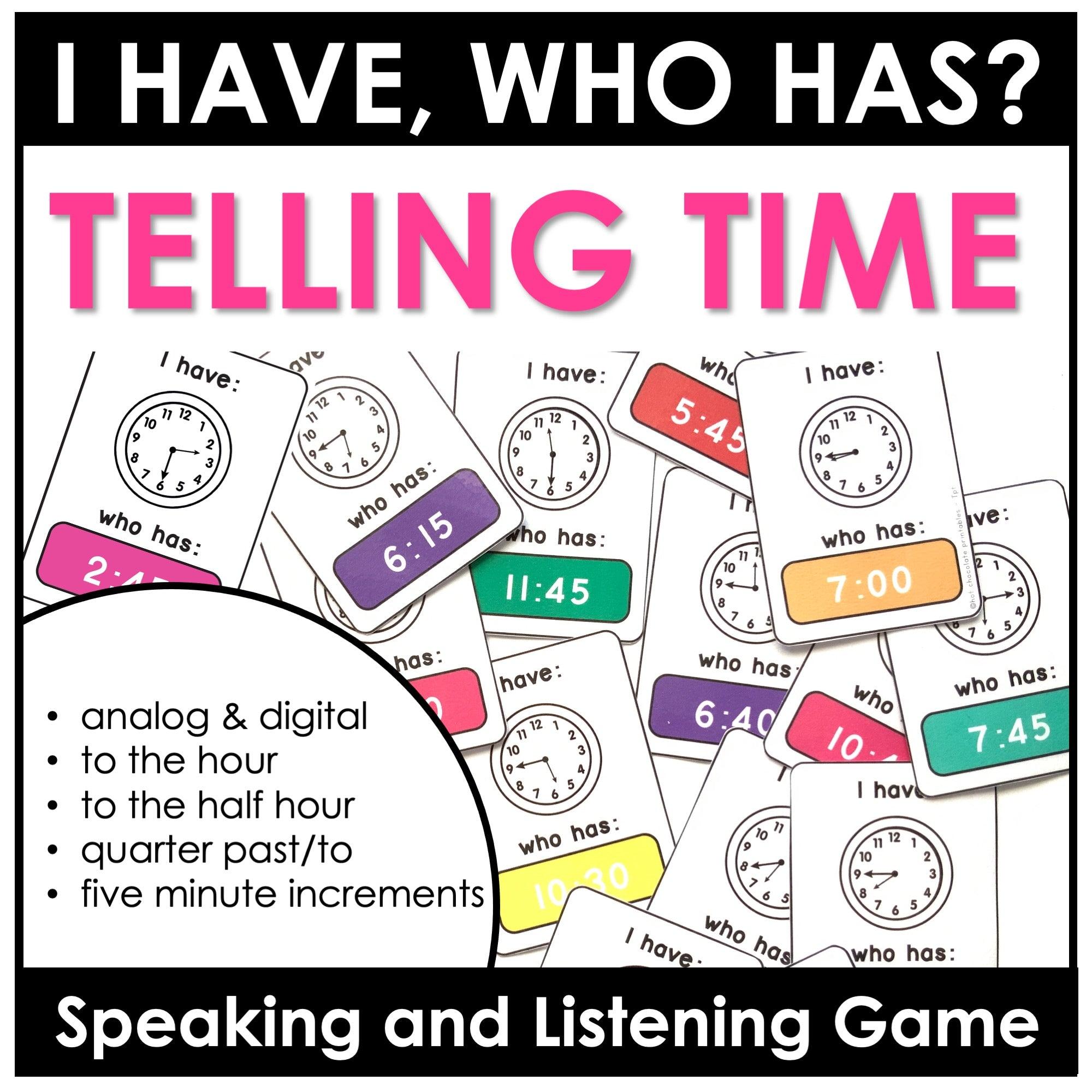 Telling the Time to the nearest 5 minutes | I have-Who has? - Hot Chocolate Teachables