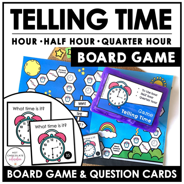 Telling Time Board Game - Reading Analog Clocks | Hour, Half Hour, 15 minutes - Hot Chocolate Teachables