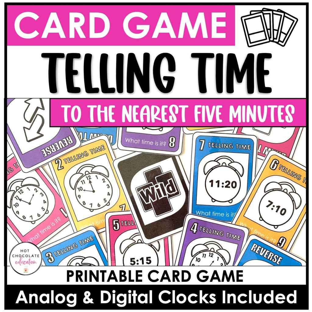 Telling Time Card Game | To the 5 minutes - What time is it? Digital & Analog - Hot Chocolate Teachables